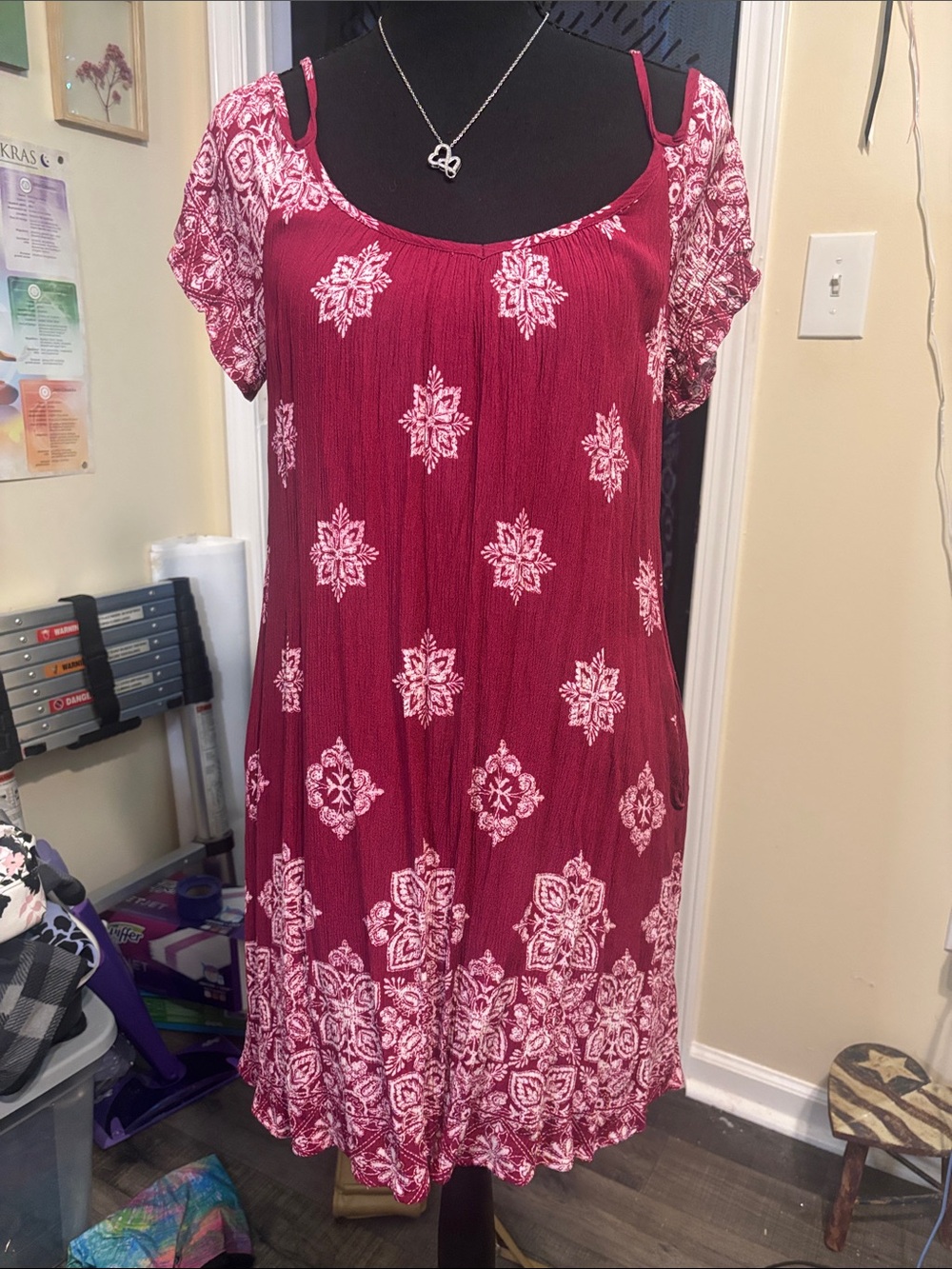 Mossimo Supply Co. Burgundy Printed Short-Sleeve Chemise with Spaghetti Straps